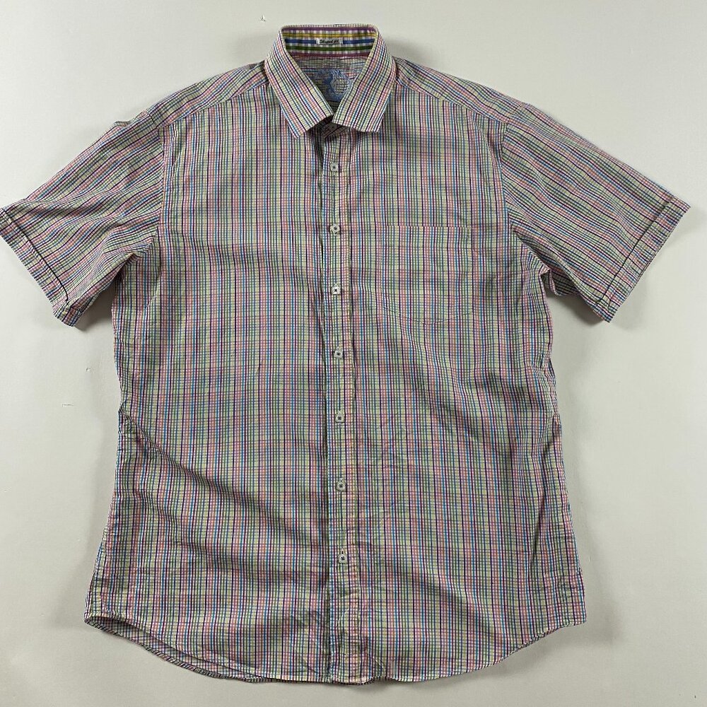 Bugatchi Shaped Fit Shirt Men's XXL Short Sleeve Button Front Up Down Seersucker